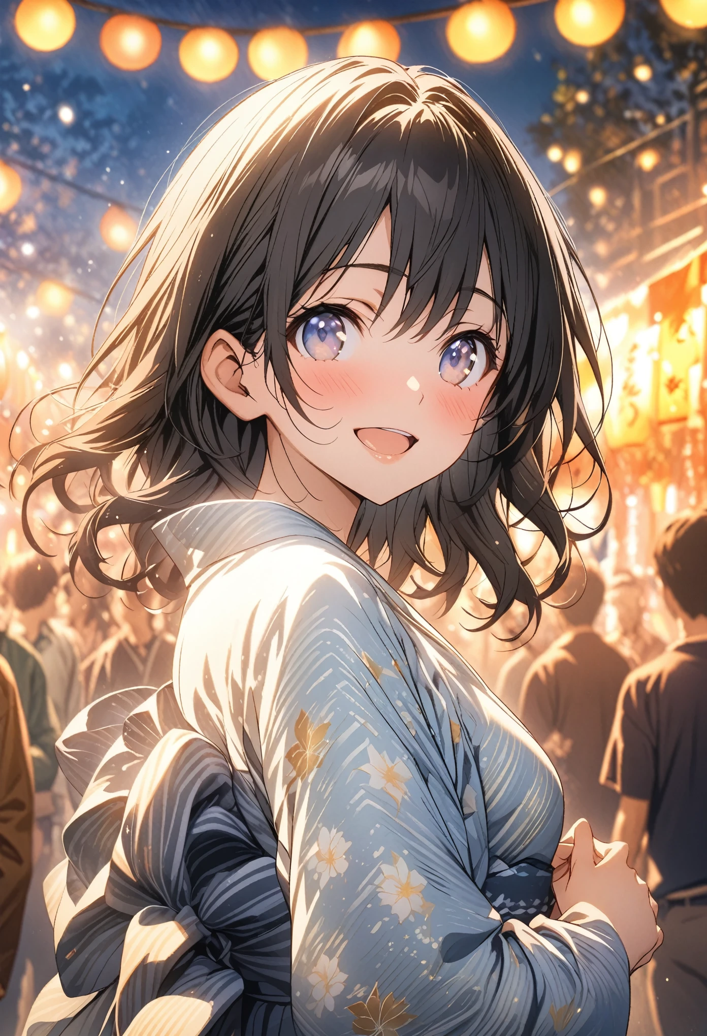 masterpiece, Highest quality, Highly detailed CG Unity 8k wallpaper, High School Girl Anime Illustration. Please wear a yukata、She looks up at the sky with sparkling eyes、She's opening her mouth, smile. The background is a light pastel colored landscape., 1girl,long hair,Black hair,Black eyes, Cowboy Shot、night, Lots of fireworks, bokeh photography, (soft focus):1.2, out-of-focus highlights, dreamy ambiance, glowing circles, mesmerizing depth, looking to the side