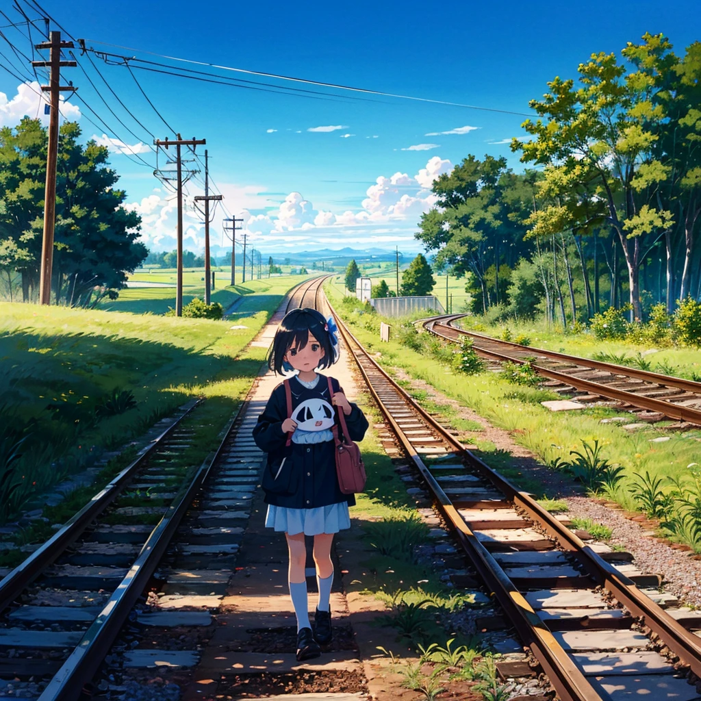 {{{Masterpiece, highest quality, high resolution background}}}, bright and beautiful atmosphere, 1 girl (7 years old, round face, baby face), small breasts, railroad tracks with countryside views, clothes that are easy to move in, carrying a bag on her back Two girls walking on the railroad tracks, the summer sky spreading, "deltamon_sdXL :0.73) >Deltamon"