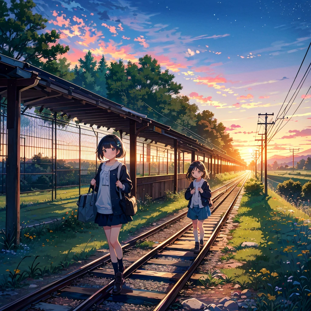 {{{Masterpiece, highest quality, high resolution background}}}, bright and beautiful atmosphere, 1 girl (, round face, baby face), small breasts, railroad tracks with countryside views, clothes that are easy to move in, carrying a bag on her back Two girls walking on the railroad tracks, the summer sky spreading, "deltamon_sdXL :0.73) >Deltamon"
