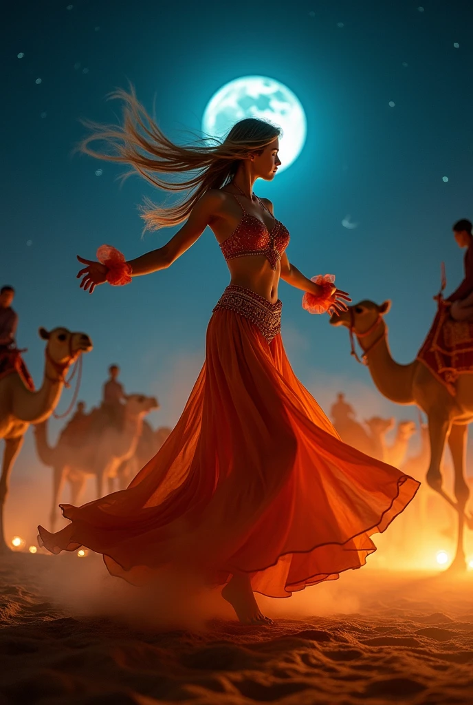 long exposure photo of a sexy tall girl as harem dancer in motion, full body, royal belly dancer dress, dancing in the moon night, shiny porcelain skin, few camels behind, focus on the girl, soaring the sky, blurred edges, low angle, below view, slow shutter speed motion photography, whirl dust trail behind, shot on Fuji Film XT4 camera f/2. ISO 200, dynamic motion, cinematic movement, blurry edges, super detailed, perfect face, perfect motion, side view, best quality, dust trail along the motion with a fire element transition movement of color background