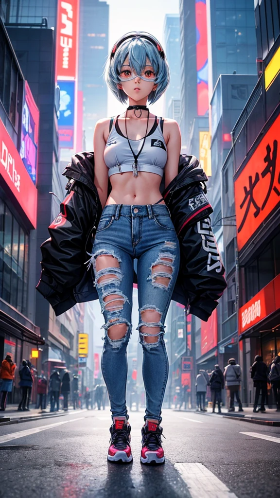A girl with straight, long shoulder-length hair who resembles Rei Ayanami, Wearing streetwear denim pants and headphones, Blue hoodie, In the chest「Future Funk」it is written like this, In a vibrant, futuristic cityscape lit by neon lights. Standing in the middle of a big intersection