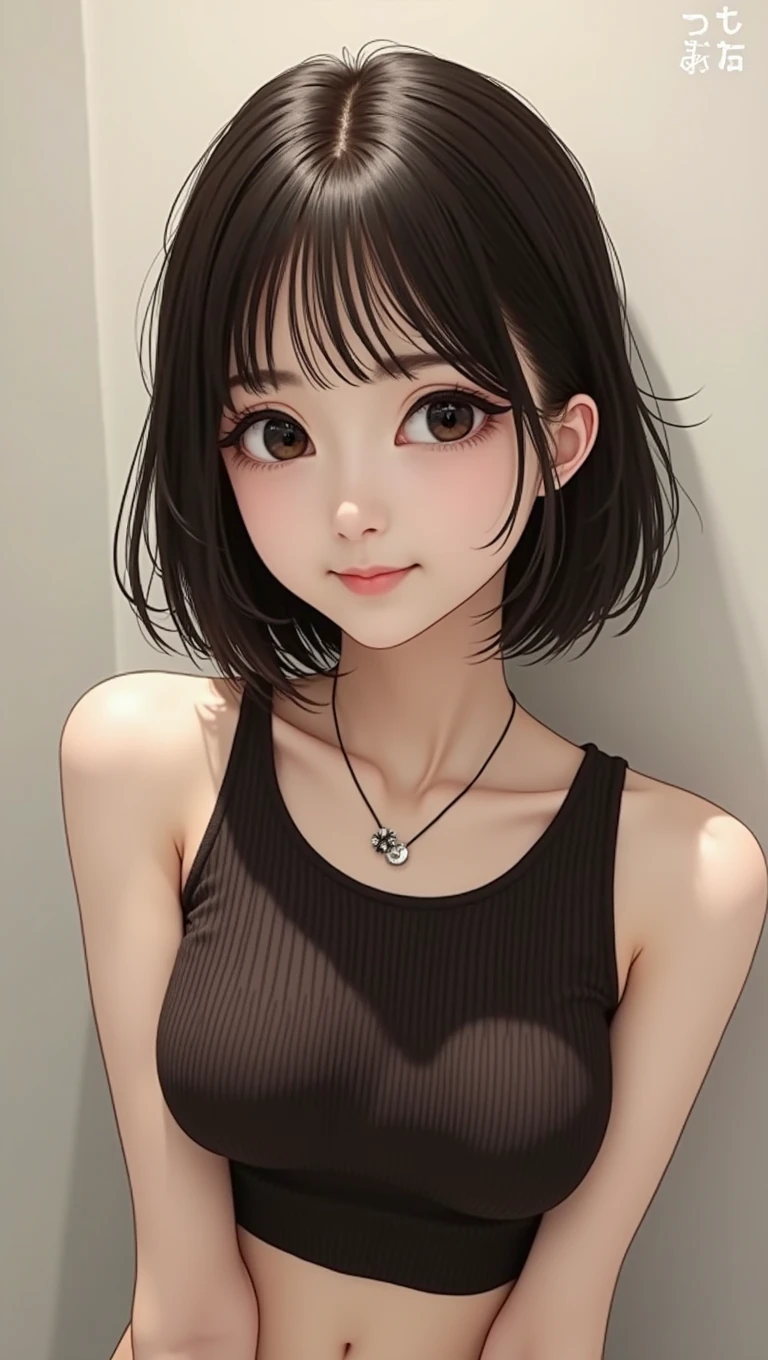 (A hyper-realistic), (Lighting), (high resolution), (8k), (highy detailed), (The best Lightingns), (beautiful detailed eyes), (Maximum quality), (ultra detali), (Masterpiece artwork), (wall-paper), (face detailed), (beautiful smiling face)、(beautiful  face)、(A brunette)、Medium and short bob cut hair、flat hair、eyes black、Earrings with bangs、a necklace、 only、(((Cute Japanese Girl)))、  ((Beautiful 27 year old Japanese girl))、 (((no clothing)))、(((naked)))、((new))、((baby face))、(((Large G Cup)))、(((Breasts huge!!!!)))、 (((Colossal !!!!)))、Same as body size、standing up outdoors、((Huge breasted))、 (((Glamorous body)))、slightly chubby figure、 gravure model、Seduction poses、(R-18), looking at the camera (((NSFW))), (((in the bathroom))))