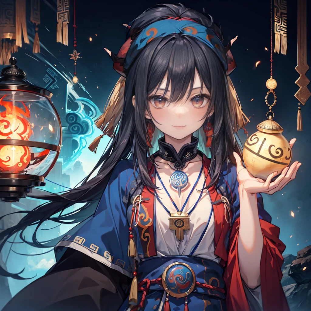 ((Shaman、nationality、:1.2)) ,Create dystopian masterpiece, There is a sense of expectation, Beautiful woman, skinny, Long black hair, Detailed face, smile, To the camera, Age 25、anime、Fantasy,Wooden chest pad