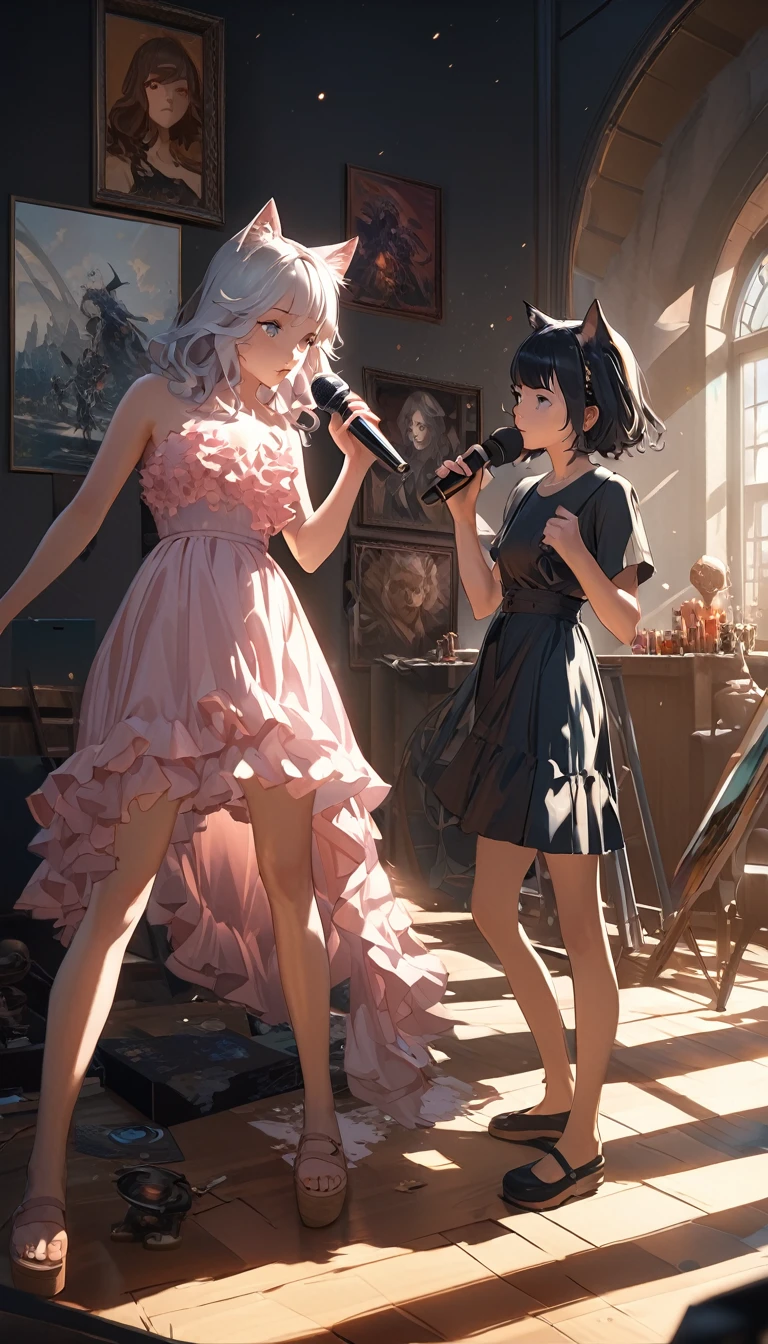 "An anime style illustration featuring two beautiful girls on a stage. The first girl has slender black hair, bangs, cat ears, clear brown eyes, and fair skin. She is wearing a little black lace dress and holding a microphone while singing. The second girl has long, fine white hair, cat ears, clear blue eyes, and fair skin. She is wearing a small pink dress and also holding a microphone. The background is a vivid stage lit by daytime backlight, with bright colors. The illustration combines elements of anime, 3D render, painting, fashion, acrylic painting, and is trending on platforms like Pixiv Fanbox and ArtStation. The artwork showcases intricate details, perfect composition, octane render, 8K artistic photography, photorealistic concept art, soft natural volumetric cinematic lighting, chiaroscuro, and oil on canvas. It incorporates styles reminiscent of Makoto Shinkai, Jamie Wyeth, James Gilleard, Edward Hopper, Greg Rutkowski, Studio Ghibli, and Genshin Impact, along with influences from Raphael, Caravaggio, Beeple, Beksinski, and Giger."