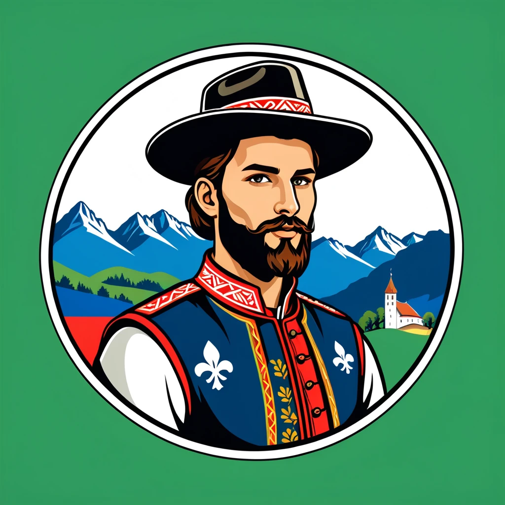 man in slovenia folk outfit, vector graphics, strong contours, logo design