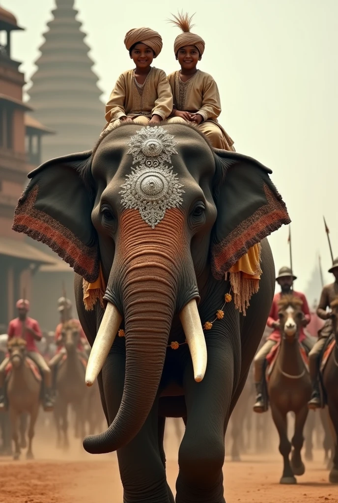 Two young male  of Tipu Sultan wearing turban of the 18th century India  costume sitting on back of a gigantic elephant in a decorated silver Hooda. A old mahooth sitting on the head of the elephant is controlling and coming out of the gates of Srirangapatna. Tipu Sultan's cavalry and camel mounted soldiers are following them as part of the procession. The whole seen is in UHD resolution from the ground level shot in Very high resolution