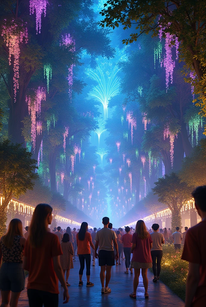 Hanging garden with lights and sound with people and children looking at that show 