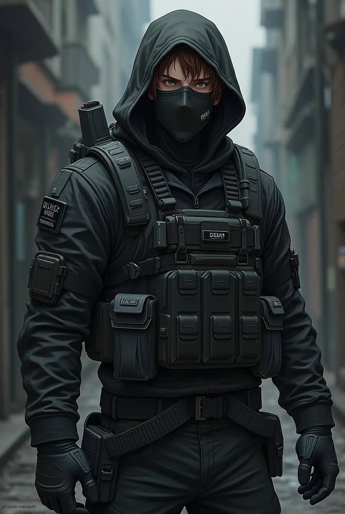 Anime man who wear tactical outfit, a full face mask and a hoodie cap,wear half gloves,looks evil,has brown brushy hairs