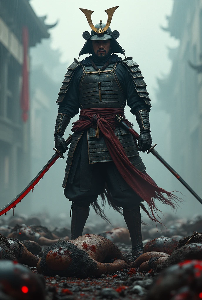 A samurai who stands among the corpses of enemies with a sword full of blood and surrounded by enemies