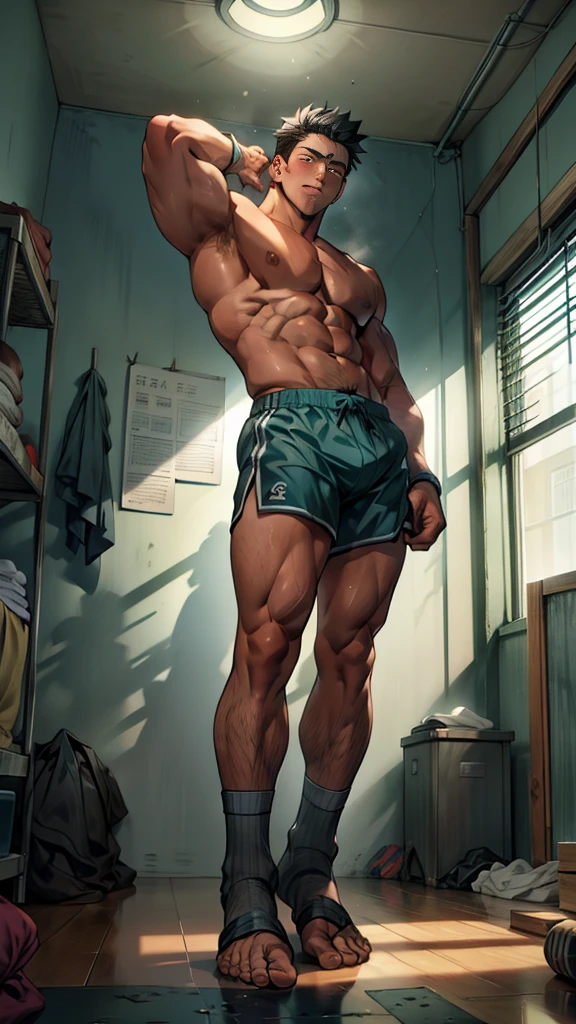 A male athlete,In a small room,Desaturated teal walls,No clothes on upper body,Wrists wrapped with cloth,He was wearing teal shorts,barefoot,Socks are torn,Socks showing toes,Rundown room,Dirty clothes piled on the floor in the room,Shot from below ,whole body ,He is shy,Blushed,Standing helplessly,Hand drooping,Knee slightly bent,,He is muscular,Very high,Lift up your trouser legs,Broad shoulders, huge, Muscular pectorals, strong, huge, 肌肉发达的身体和huge, Raised pectoral muscles, Muscle Abs, Willow Waist,Dissemination,The room is paved with soft seamless gray-blue bricks,
