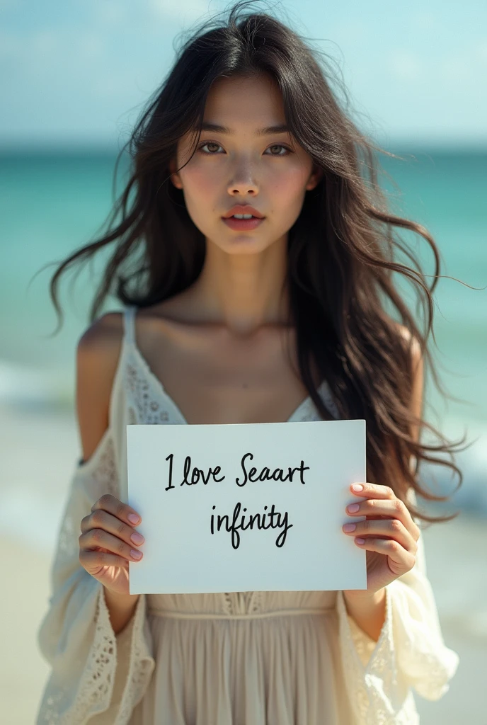 Beautiful girl with wavy long hair, bohemian dress, holding a white board with text "I Love Seaart Infinity" and showing it to the viewer