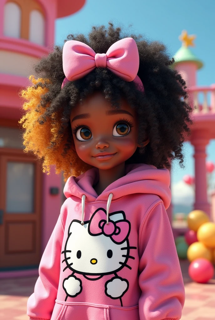 Une jeune fille de couleur noire et habillé comme ''hello Kitty '' . cheveux bouclés de couleur noire et blond