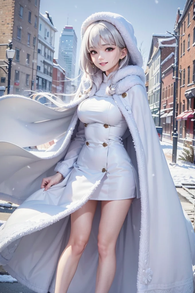 masterpiece、Highest quality、1 girl, winter, white hair, Cute girl, smile, close mouse, medium breasts, sideboob, white dress, winter clothes, long skirt, Fur coat、Small waist、Thin legs、outdoors, snow falling
