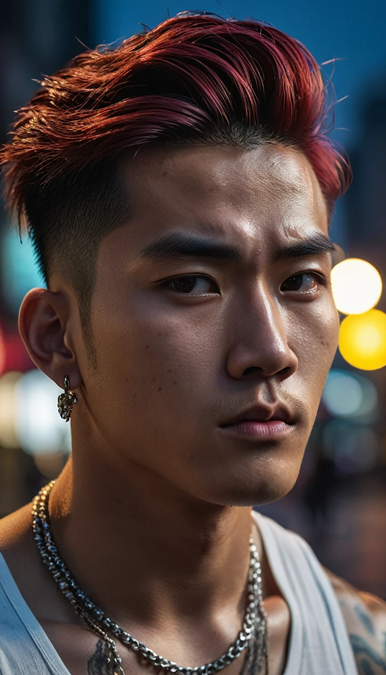 ((Face close-up)), a man, extremely handsome, 15 years old, muscular, tattooed, wearing a necklace, hair tied up, street scene, gangster style, romantic, Hong Kong cinema. Their eyes are filled with sadness and longing. Full moon light background. Cinematic light, high detail, 8k, artstation, conceptual art, dark fantasy. Photo taken with Canon EOS R5 85mm f/11 camera, ((sharp)) mode of people and surrounding scenery. Image quality ((8K)), ((realistic)), ((masterpiece)), ((sharpest and highest contrast)), ((great depth of field)), ((stereoscopic light)), ((angry, fierce)), detailed pores, ((looking straight at the camera)), (((red hair)))