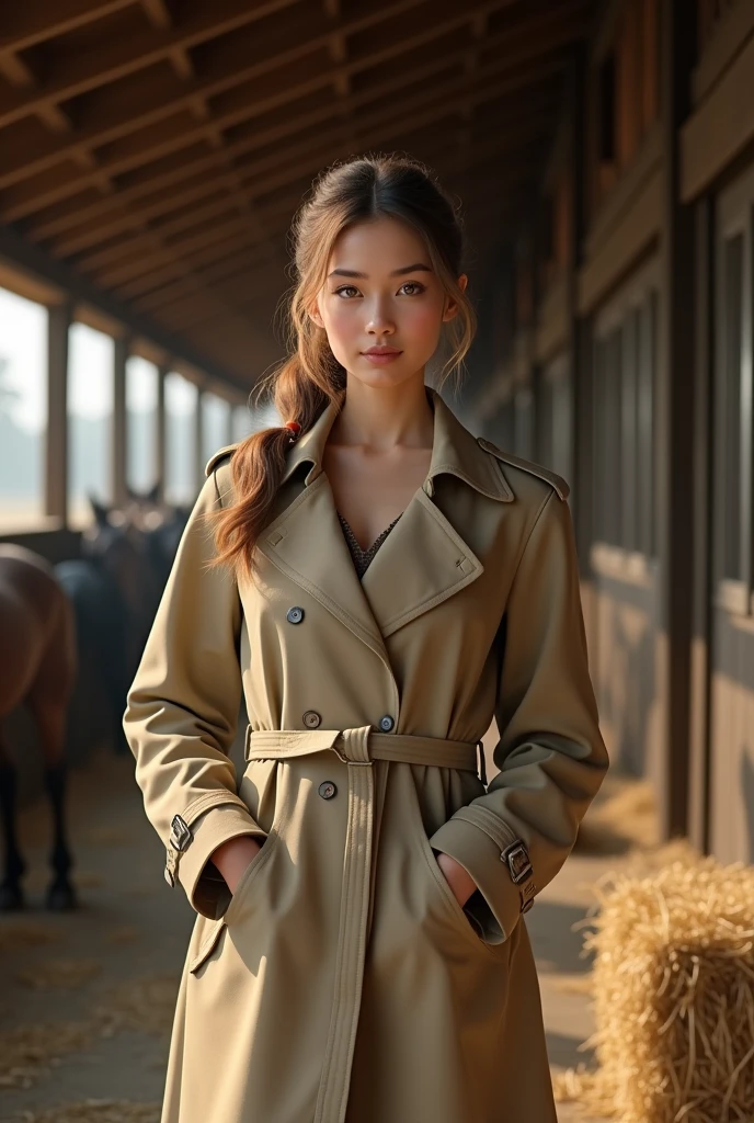 German Woman 20 years with a ponytail hair in a beige Trenchcoat Hands on the Belt in Horse stable Full Body view