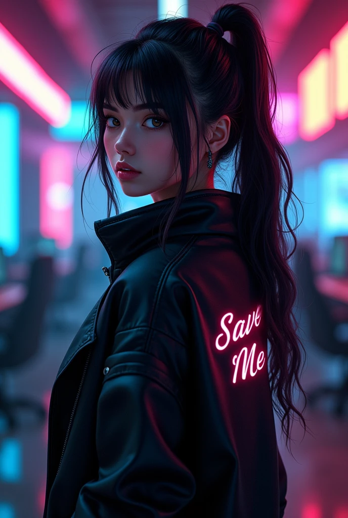 Cool Gamer Girl With A Jacket which is writen " Save Me "