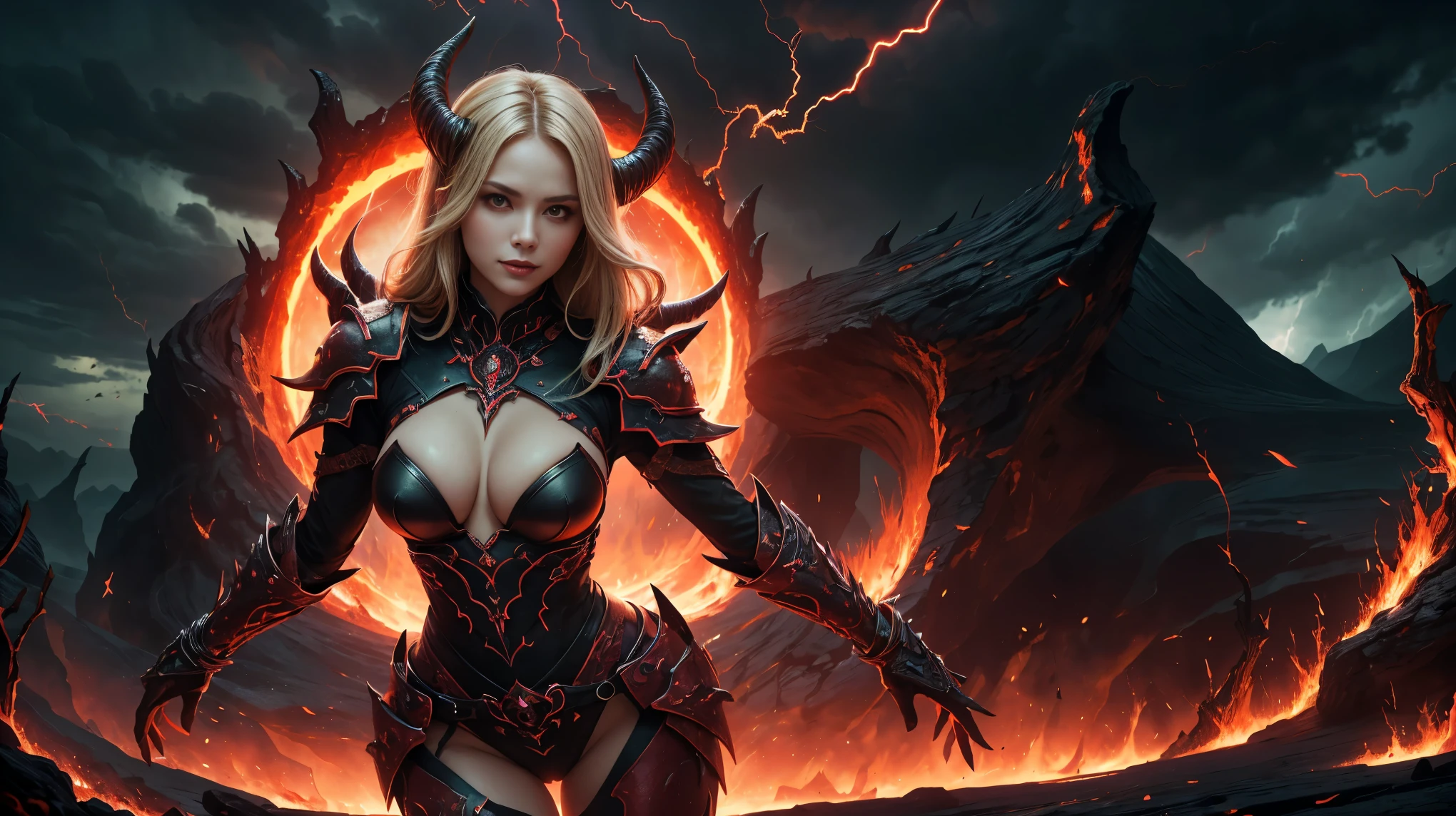 In this masterpiece, a stunning succubus warrior girl stands at the center of the frame, radiating an aura of mystique and beauty. The ultra-detailed 4K image presents her in front of the ominous (gates of hell) (with a vortex of red mana), surrounded by the fiery crater of an erupting volcano. The volumetric lighting casts a warm glow on her porcelain skin, accentuating the intricate details of her (sexy demonic lava armor). Her long, straight blonde hair are beautiful, framing her charming smile and captivating cleavage. The spellbinding atmosphere is punctuated by (thunderstorms and flashes of red lightning) in the surreal dark sky, as if the very heavens are conjuring her presence. The composition masterfully balances depth and complexity, drawing the viewer's gaze to the perfect body, with its flawless anatomy and tantalizing pose.