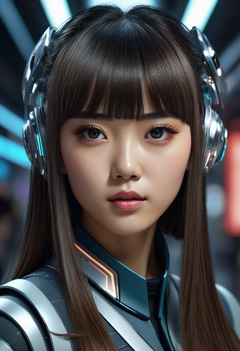 (high quality), (masterpiece), (detailed), 8K, Hyper-realistic portrayal of a futuristic (1girl1.2), Japanese character. Meticulous details bring the character to life in this visually stunning composition, showcasing the seamless blend of tradition and innovation. Trending on Artstation. A girl with bangs and long hair