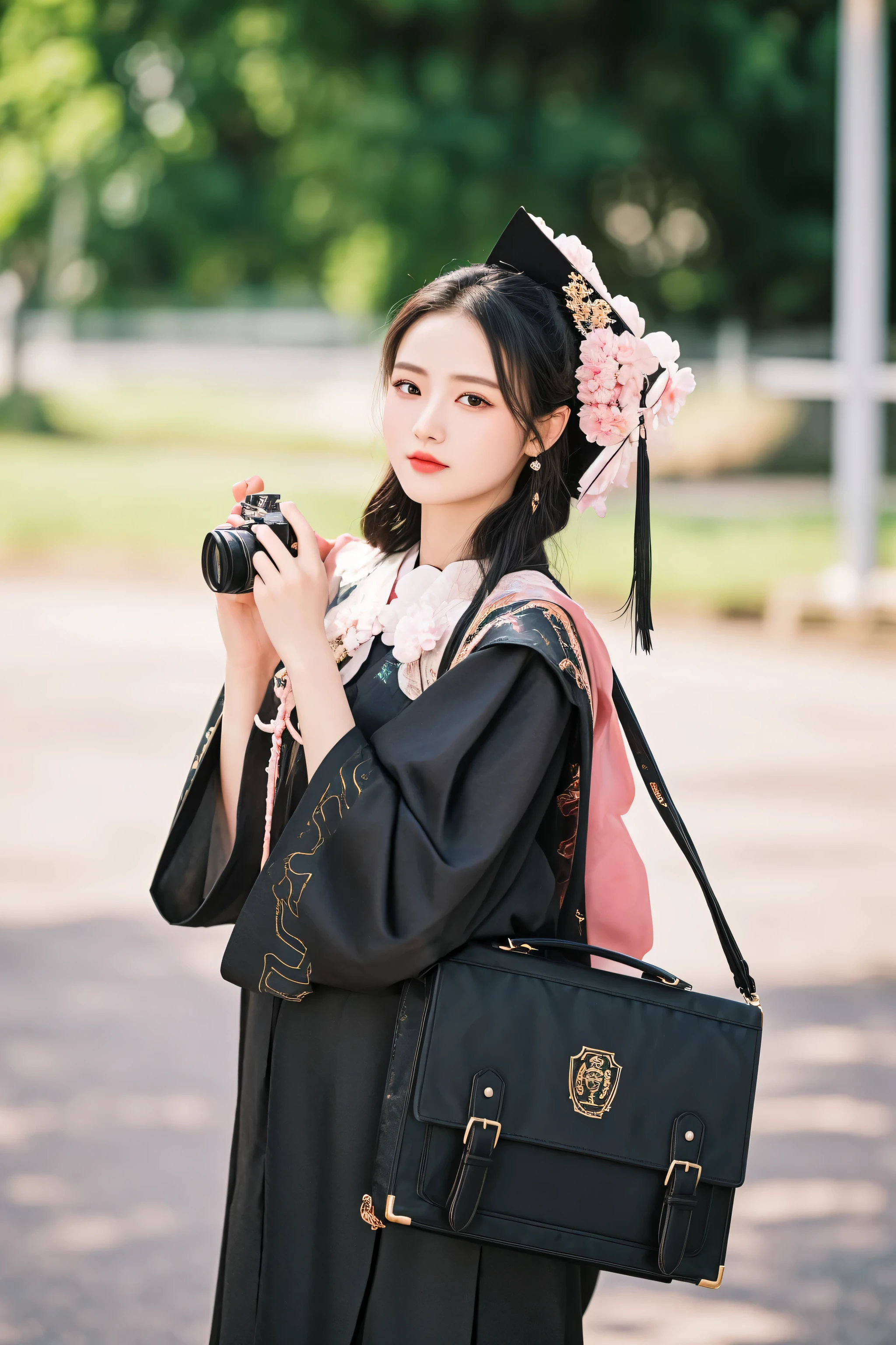 woman in traditional japanese dress holding camera and taking picture, palace , a girl in hanfu, graduation photo, hanfu, wearing an academic gown, with acient chinese clothes, chinese girl, dslr 5 0 mm portrait photo, cai xukun, inspired by Ma Yuanyu, high quality portrait, wearing an ornate outfit, chinese woman, chinese costume