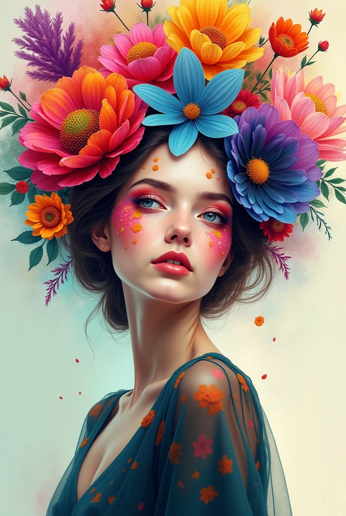 Woman colourful Face with Hair of Colorful Flowers Abstract