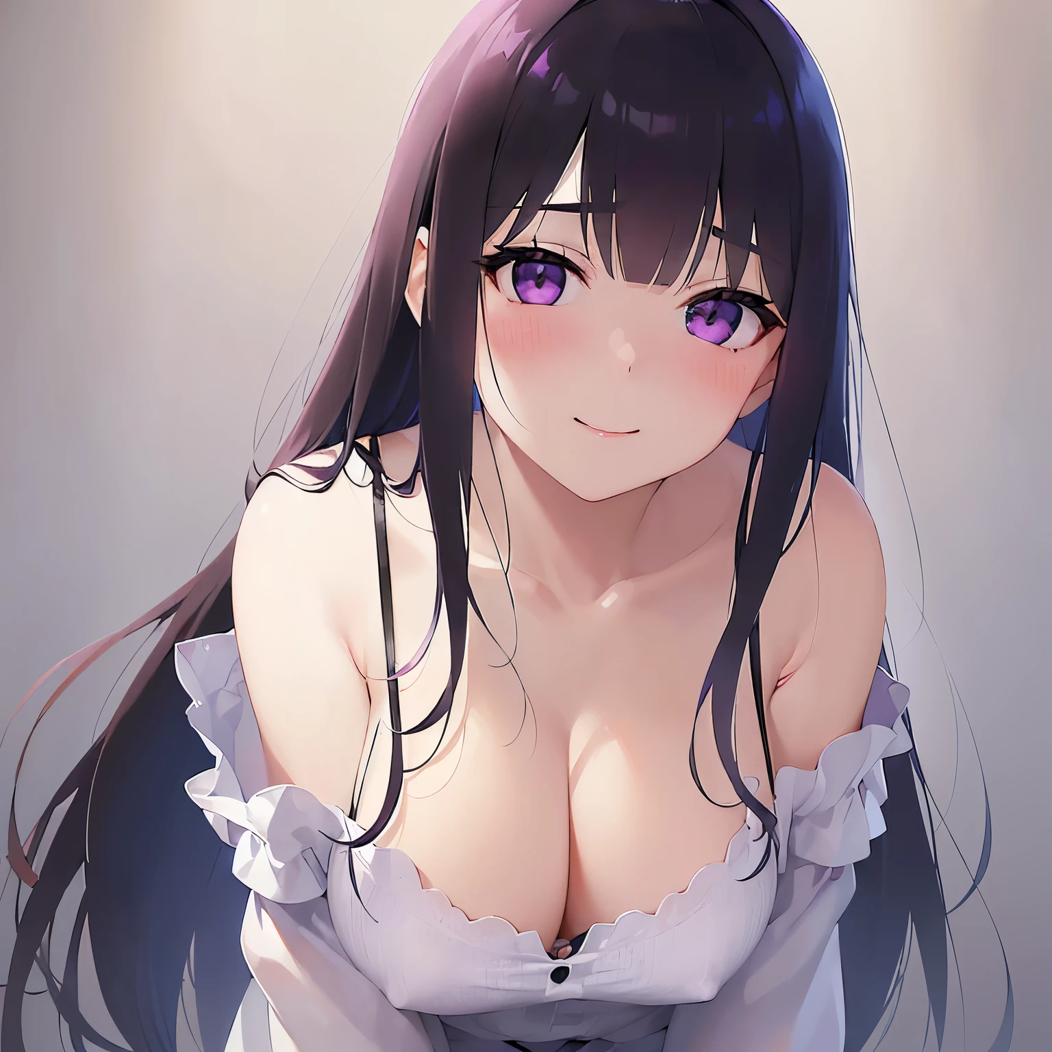 (leaning forward:1.3)、Upper Body, Realistic, real person, (pale skin: 1.2), RAW photo, photorealistic, shiny skin, shiny hair、(A 25-year-old woman with straight hair and bangs) and (medium hair) and (black hair) and (purple eyes) , (white) and (off shoulder blouse) 、(blush:1.5), smile, white background、Alone、