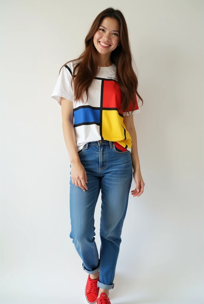 One Woman,Brown long hair,Have a happy face、He is wearing a shirt with Mondrian's Composition pattern.,The shirt is made up of red, yellow, blue and white squares.,Blue jeans,I have my hands tucked in my jeans、Red sneakers,Standing with weight on the right foot、Simple Background、Taken with a Fujifilm SLR