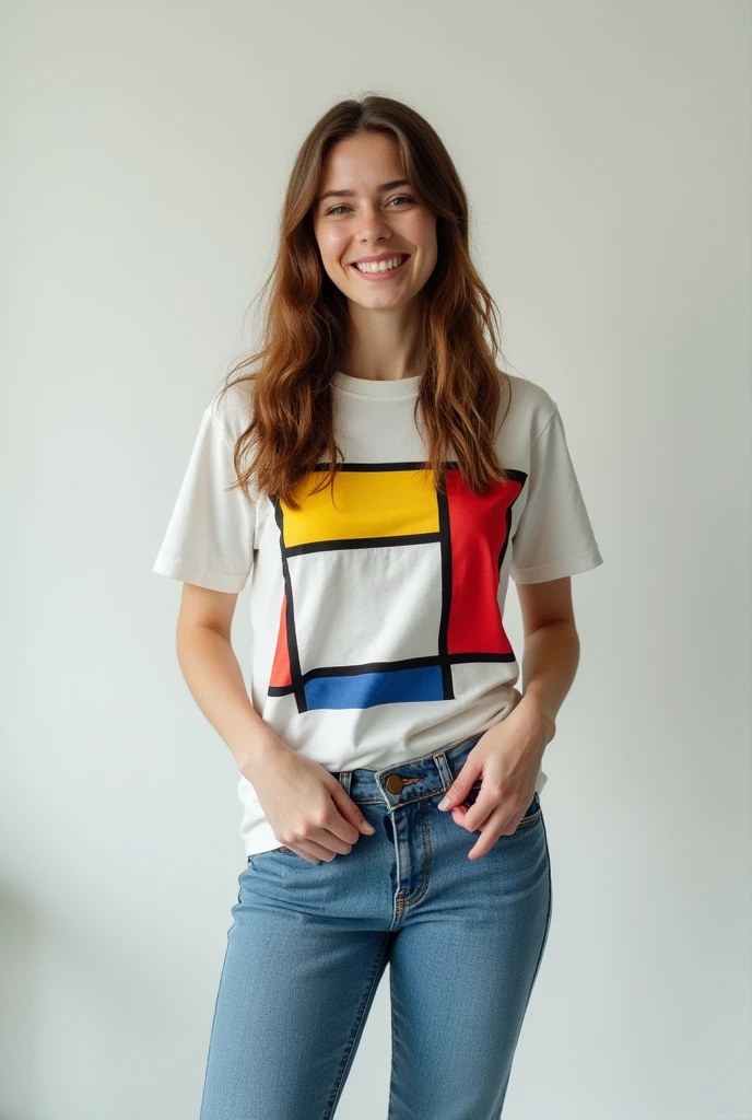 One Woman,Brown long hair,Have a happy face、He is wearing a shirt with Mondrian's Composition pattern.,The shirt is made up of red, yellow, blue and white squares.,Blue jeans,I have my hands tucked in my jeans、Red sneakers,Standing with weight on the right foot、Simple Background、Taken with a Fujifilm SLR