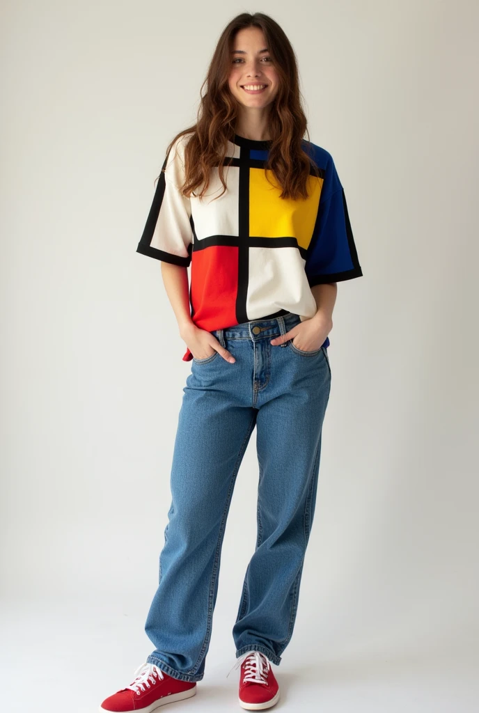 One Woman,Brown long hair,Have a happy face、He is wearing a shirt with Mondrian's Composition pattern.,The shirt is made up of red, yellow, blue and white squares.,Blue jeans,I have my hands tucked in my jeans、Red sneakers,Standing with weight on the right foot、Simple Background、Taken with a Fujifilm SLR