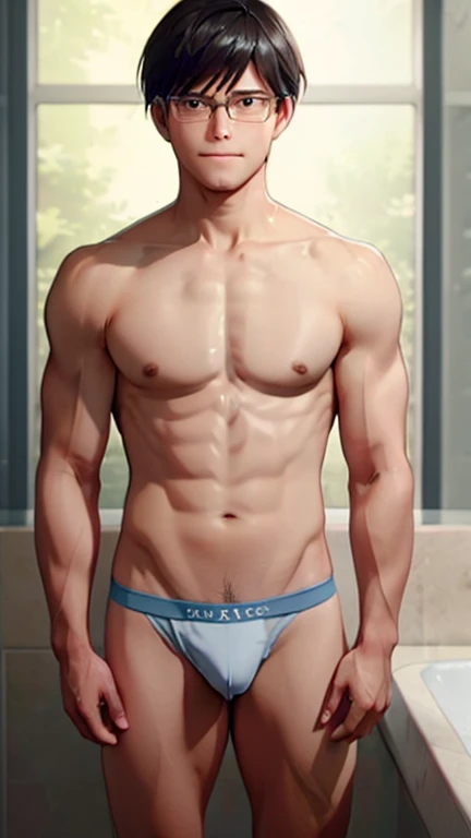 Japanese men、、Well-developed muscles and smooth skin、A friendly and cheerful smile、light blue boxer briefs、The whole body is visible from toes to head、Bathroom、Wearing glasses、Tianya