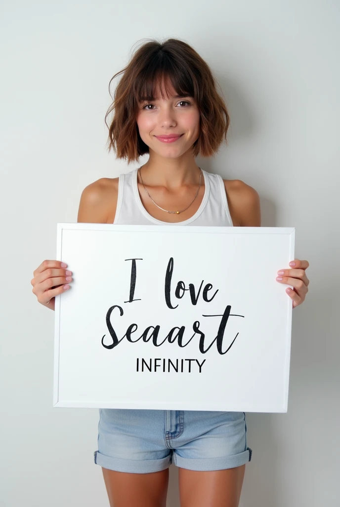 Beautiful girl with short bob hair, Tank top and shorts, holding a white board with text "I Love Seaart Infinity" and showing it to the viewer, Typography Poster