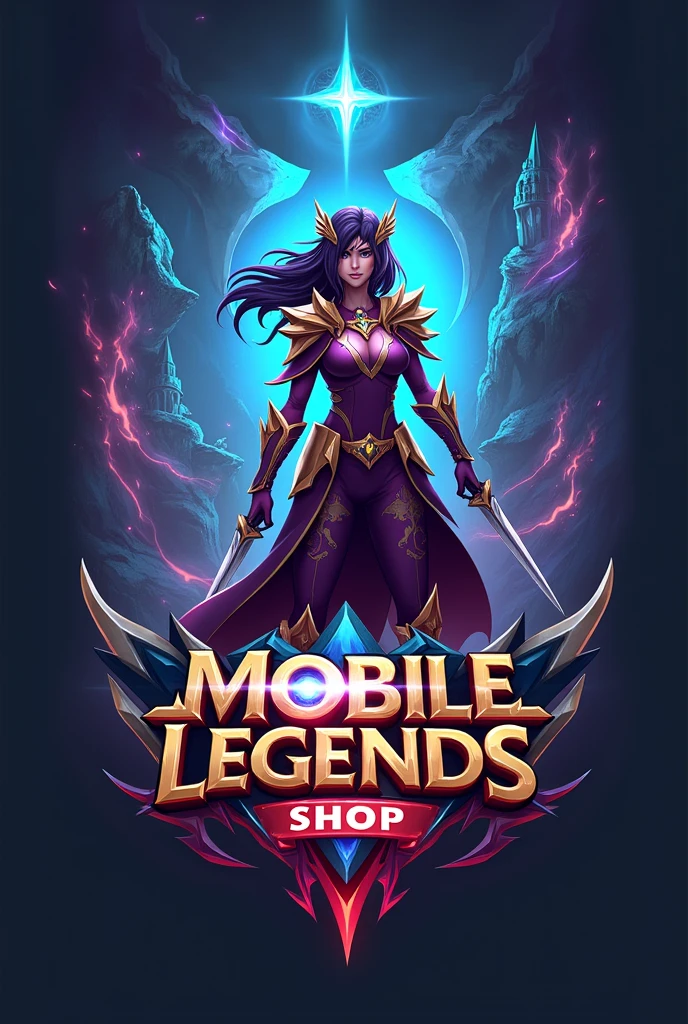 Create a logo for an online shop called Bardenss Shop with a Mobile Legends theme, top up all games, game names Arena of Valor, Free Fire, Genshin Impact, Hay Day, Honor Off Kings, Mobile Legends, PUBG Mobile Valorant, Zepeto, including photos of the game.
