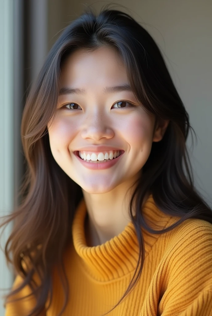 A Korean woman in her 20s smiling and showing her teeth