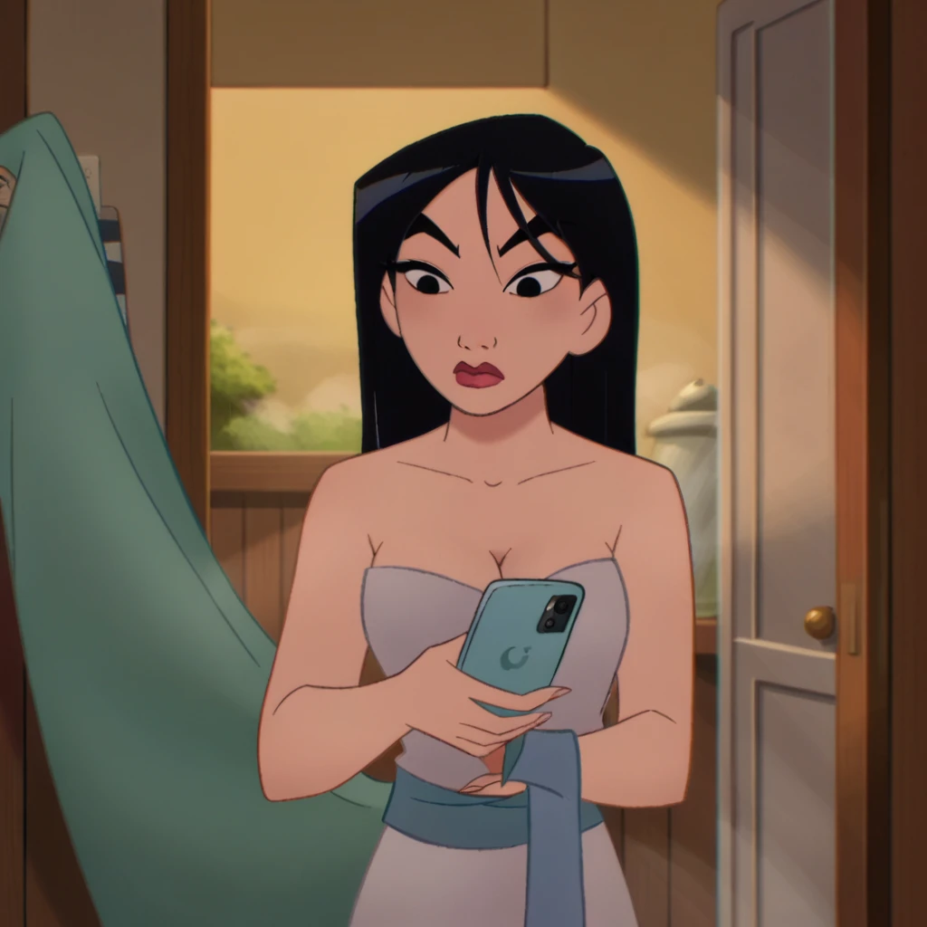 score_9_presence, score_8_up, Mulan, wrapped in towel, medium breasts, cleavage, holding phone