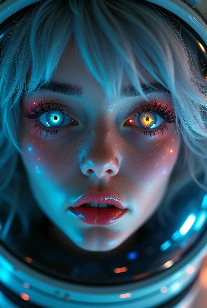 (Close-up of a better masterpiece:1.5)0.9], (Space and astronauts:1.2) (Messy silver hair:1.1) (Heterochromia xanthochromia and blue eyes:1.2) (Space Helmet:1.0) (Colored stars in the eyes:1.0) (A radiant glow:1.1) (thick lips:0.9)