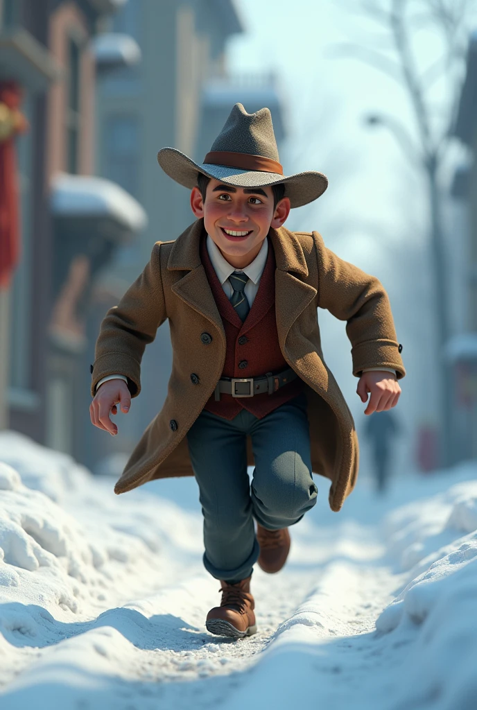 Pixar style, animation, 3d, journalist, 1900s, Russia, snow background, journey, camera, 30s age, adventure, running , movie poster, high quality, running face expression, vantage camera on his hand, full body shows. Disney, running from gangsters. Hat woven old, old dress
