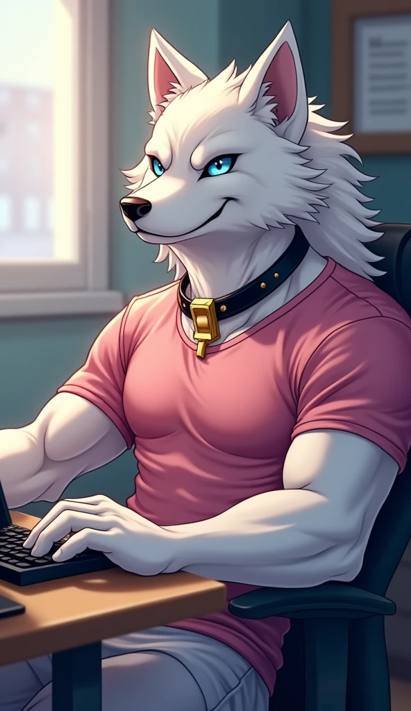 male husky, black eyebrows, topless, collar, round glasses, green hair, (smile:1.1), intricate, sitting, gaming PC chair, bedroom, gaming PC setup, night time, sitting at computer, penis focus, penis towards viewer, ((stroking penis)), penile masturbation, masturbating, wearing gaming headphones, leaking precum, canine penis, knot, erection, aesthetic, 4k, photorealistic, professional art, masterpiece, in bedroom, intricate detail, [by pngx:sigma x:0.5], full body