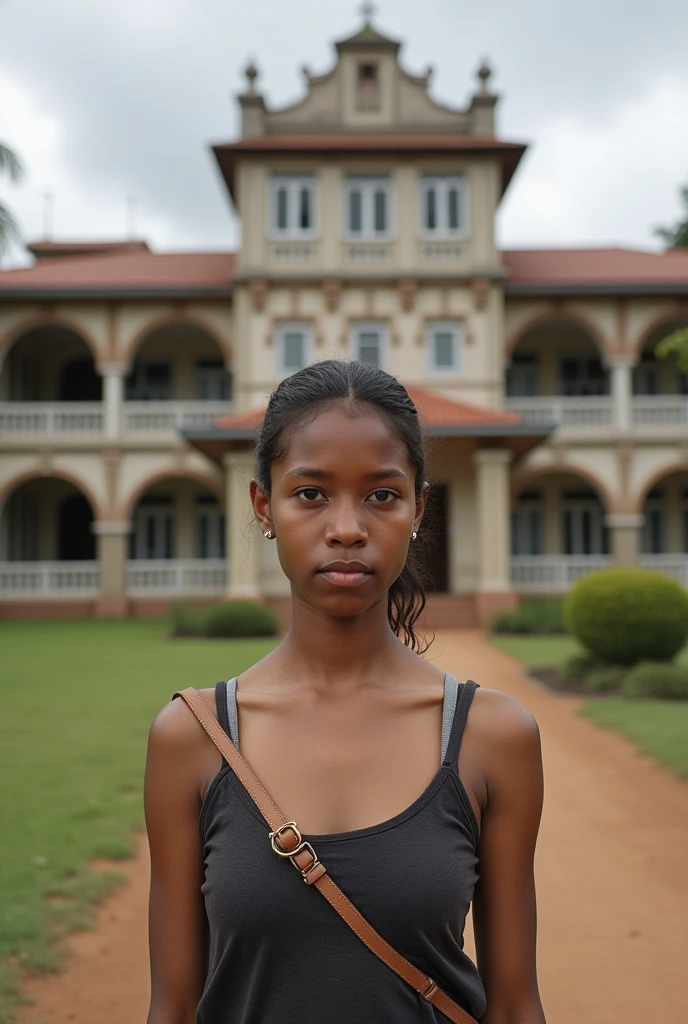 A 17 year old girl of Malagasy and French origin who has an ordinary and not very attractive appearance.. She takes pictures of herself in front of the French high school of Tananarive in Ambatobe which is located in Madagascar.