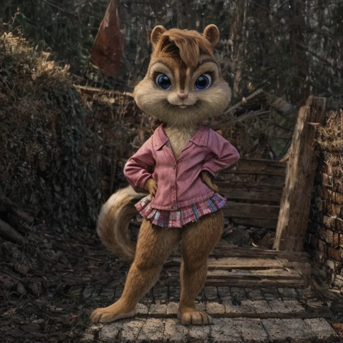 score_9, score_8_up, score_7, score_6, detailed background, brittany miller, chipmunk, furry, short ears, jean jacket, pink skirt, light pink shirt, crossed arms, 6 inches tall,