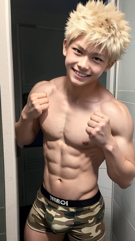 Japanese high school boy、15 years old、Well-developed muscles and smooth skin、Pale blonde hair, spiky like Bakugou、A defiant smile、Camouflage boxer briefs、The whole body is visible from toes to head、Fist pump in the bathroom、Hero Academy