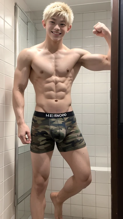 Japanese high school boy、、Well-developed muscles and smooth skin、Pale blonde hair, spiky like Bakugou、A defiant smile、Camouflage boxer briefs、The whole body is visible from toes to head、Fist pump in the bathroom、Hero Academy