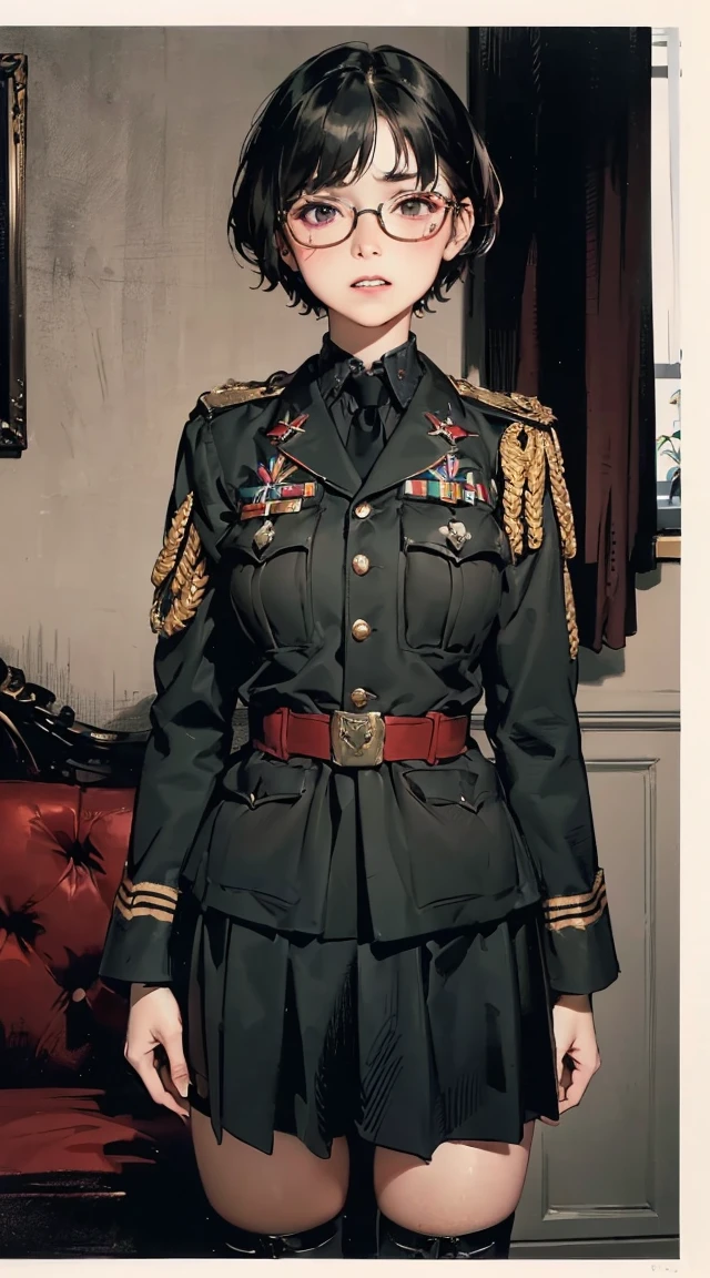 ((8K resolution))、((highest quality))、((masterpiece))、((Super detailed))((((dramatic))), (anatomically correct)、one woman、28 years old,thin,very short hair,pixie cut ,black hair, jagged teeth、double teeth、mouth is slightly open、blushed、(half closed eyes:1.1),thin bear、NSFW,small breasts、small nipples、white t-shirt、No underwear、tattoo、navel piercing、pubic hair,pussy,(theme、whole body)、Bedroom,on the bed, liar,behind, modesta, tiro remoto, Detalhe bonito rosto delicado, Olhos delicados bonitos detalhados, perfect facial proportions, High definition skin, pele fina, best four inch aspect ratio. Com um polegar, uma obra-prima, altamente detalhado, Realistic, (German World War II general uniform reference : 1.8), the highest facial resolution, , mulher modestamente vestida, vestido inteiramente, ( pequeno, cabelos pretos, black franja reta, super thin braids, franja reta, Red glasses, olho verde escuro, science fiction, Fighter aircraft, standing On the landing of a Fighter aircraft, the agency, uma personalidade profundamente inteligente, A calm expression, um rosto respeitoso, uma guerra, a Fighter aircraft BIGHIP BIGASS FUCKOFF FUCKFUCKFUCK (best quality:1.1), (Masterpiece:1.2), High quality shadow, Beautiful details, Beautiful face, Detailed eyes, depth of field, High resolution, best shadow, best lighting, 1 girl, see viewers, black hair, smooth, blunt, short hair, pink eyes, glasses, shy, very big breasts, black short skirt, women's shirts, fashion suit jacket, pump, high school girl,rift, , classroom background, women's tie