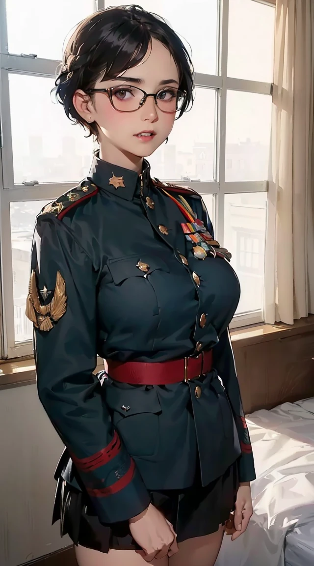((8K resolution))、((highest quality))、((masterpiece))、((Super detailed))((((dramatic))), (anatomically correct)、one woman、28 years old,thin,very short hair,pixie cut ,black hair, jagged teeth、double teeth、mouth is slightly open、blushed、(half closed eyes:1.1),thin bear、NSFW,small breasts、small nipples、white t-shirt、No underwear、tattoo、navel piercing、pubic hair,pussy,(theme、whole body)、Bedroom,on the bed, liar,behind, modesta, tiro remoto, Detalhe bonito rosto delicado, Olhos delicados bonitos detalhados, perfect facial proportions, High definition skin, pele fina, best four inch aspect ratio. Com um polegar, uma obra-prima, altamente detalhado, Realistic, (German World War II general uniform reference : 1.8), the highest facial resolution, , mulher modestamente vestida, vestido inteiramente, ( pequeno, cabelos pretos, black franja reta, super thin braids, franja reta, Red glasses, olho verde escuro, science fiction, Fighter aircraft, standing On the landing of a Fighter aircraft, the agency, uma personalidade profundamente inteligente, A calm expression, um rosto respeitoso, uma guerra, a Fighter aircraft BIGHIP BIGASS FUCKOFF FUCKFUCKFUCK (best quality:1.1), (Masterpiece:1.2), High quality shadow, Beautiful details, Beautiful face, Detailed eyes, depth of field, High resolution, best shadow, best lighting, 1 girl, see viewers, black hair, smooth, blunt, short hair, pink eyes, glasses, shy, very big breasts, black short skirt, women's shirts, fashion suit jacket, pump, high school girl,rift, , classroom background, women's tie