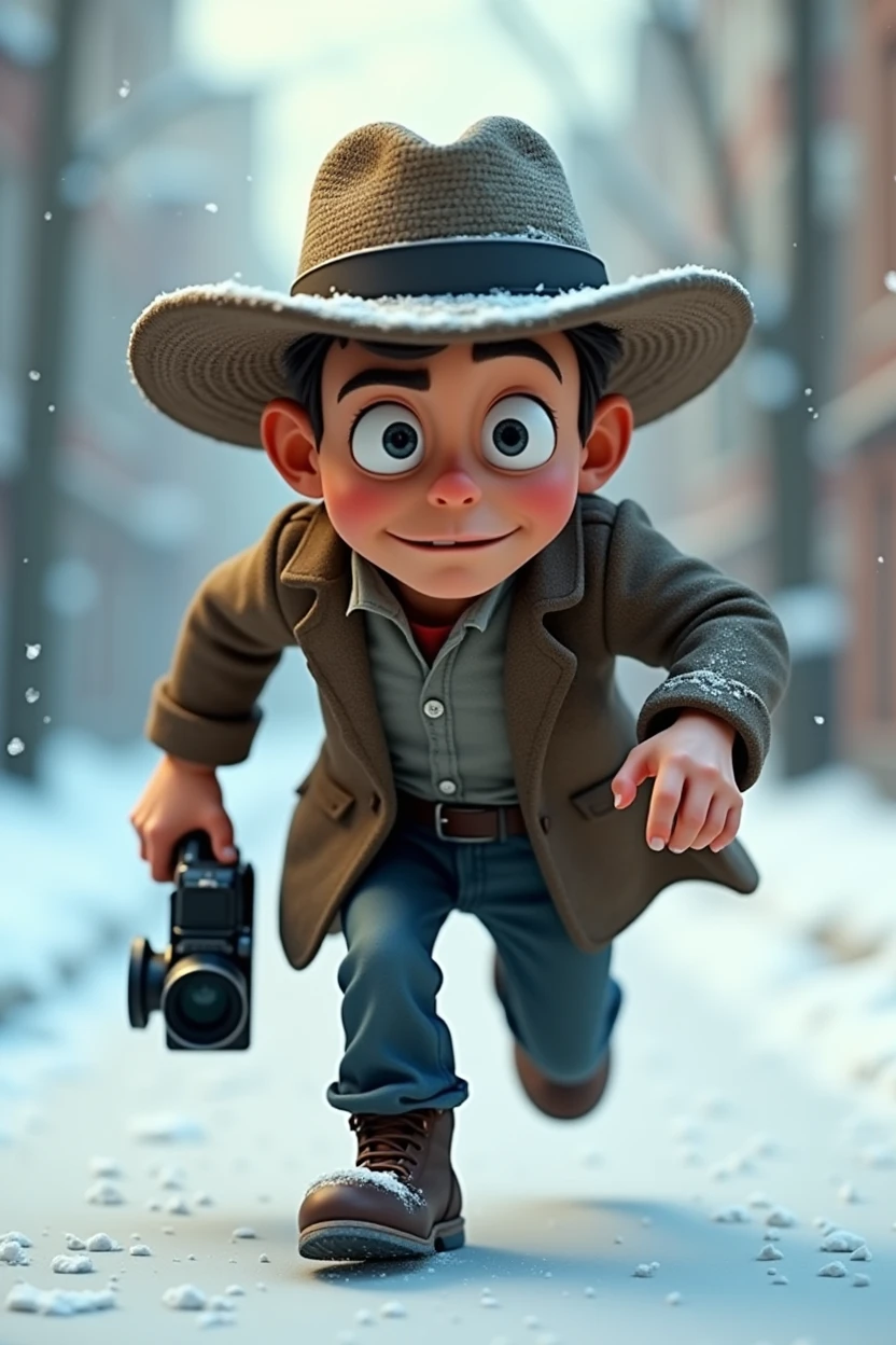 Pixar style, animation, 3d, journalist, 1900s, Russia, snow background, journey, camera, 30s age, adventure, running , movie poster, high quality, running face expression, vantage camera on his hand, full body shows. Disney, running from gangsters. Hat woven old, old dress