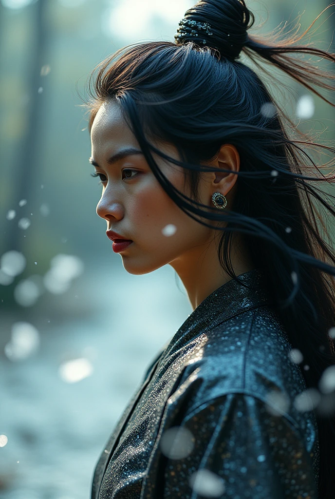 photorealistic double exposure of a {black_metal dragon(dancing stance)(shiny)(reflective metal texture)(sleek and polished)}{break} and 1girl, wu-shu athlete in motion, blurred edges, slow shutter speed motion photography, shot on FujiFilm XT4 camera f/2. ISO 200, long hair, dramatic light, intricate detailed, a water element transition movement of color background(face detailed:1.5)