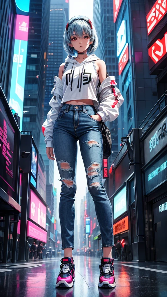 A girl with straight, long shoulder-length hair who resembles Rei Ayanami, Wearing streetwear denim pants and headphones, Blue hoodie, In the chest「Future Funk」it is written like this, In a vibrant, futuristic cityscape lit by neon lights. Standing in the middle of a big intersection