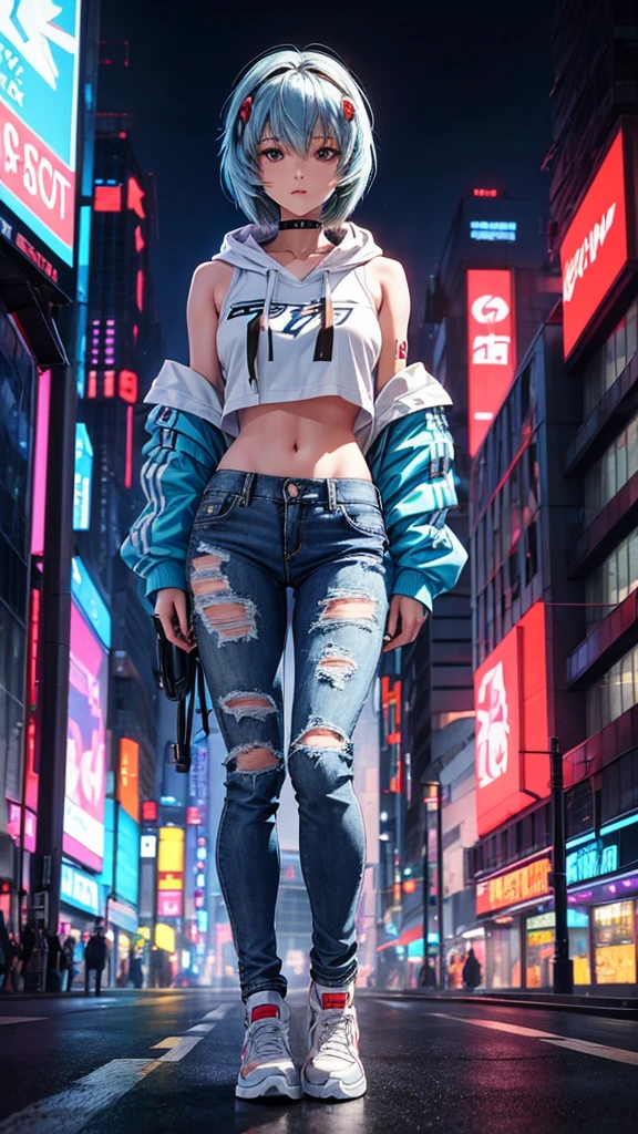 A girl with straight, long shoulder-length hair who resembles Rei Ayanami, Wearing streetwear denim pants and headphones, Blue hoodie, In the chest「Future Funk」it is written like this, In a vibrant, futuristic cityscape lit by neon lights. Standing in the middle of a big intersection