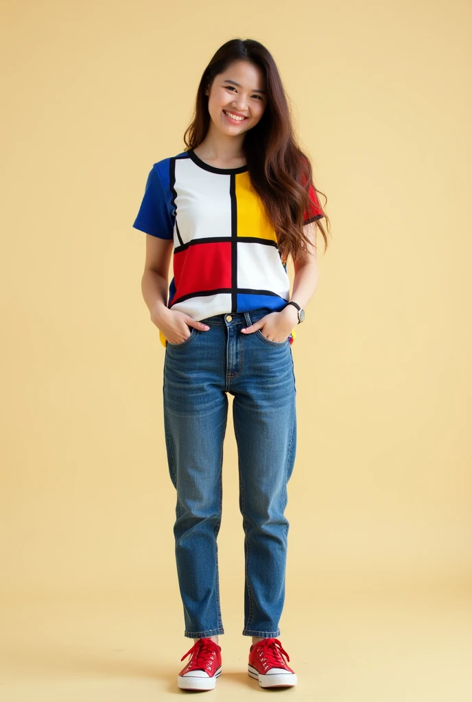 One Woman,Brown long hair,Have a happy face、He is wearing a shirt with Mondrian's Composition pattern.,The shirt is made up of red, yellow, blue and white squares.,Blue jeans,hands in jeans pockets、Red sneakers,Standing with weight on the right foot、Simple Background、Taken with a Fujifilm SLR