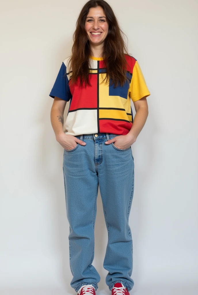 One Woman,Brown long hair,Have a happy face、He is wearing a shirt with Mondrian's Composition pattern.,The shirt is made up of red, yellow, blue and white squares.,Blue jeans,hands in jeans pockets、Red sneakers,Standing with weight on the right foot、Simple Background、Taken with a Fujifilm SLR