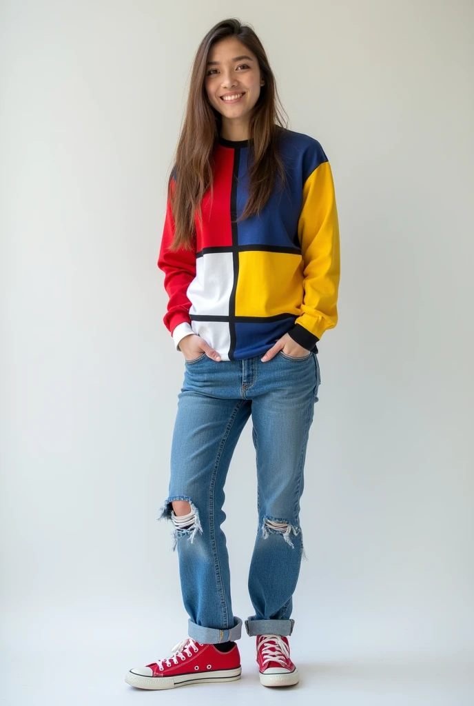 One Woman,Brown long hair,Have a happy face、He is wearing a shirt with Mondrian's Composition pattern.,The shirt is made up of red, yellow, blue and white squares.,Blue jeans,hands in jeans pockets、Red sneakers,Standing with weight on the right foot、Simple Background、Taken with a Fujifilm SLR