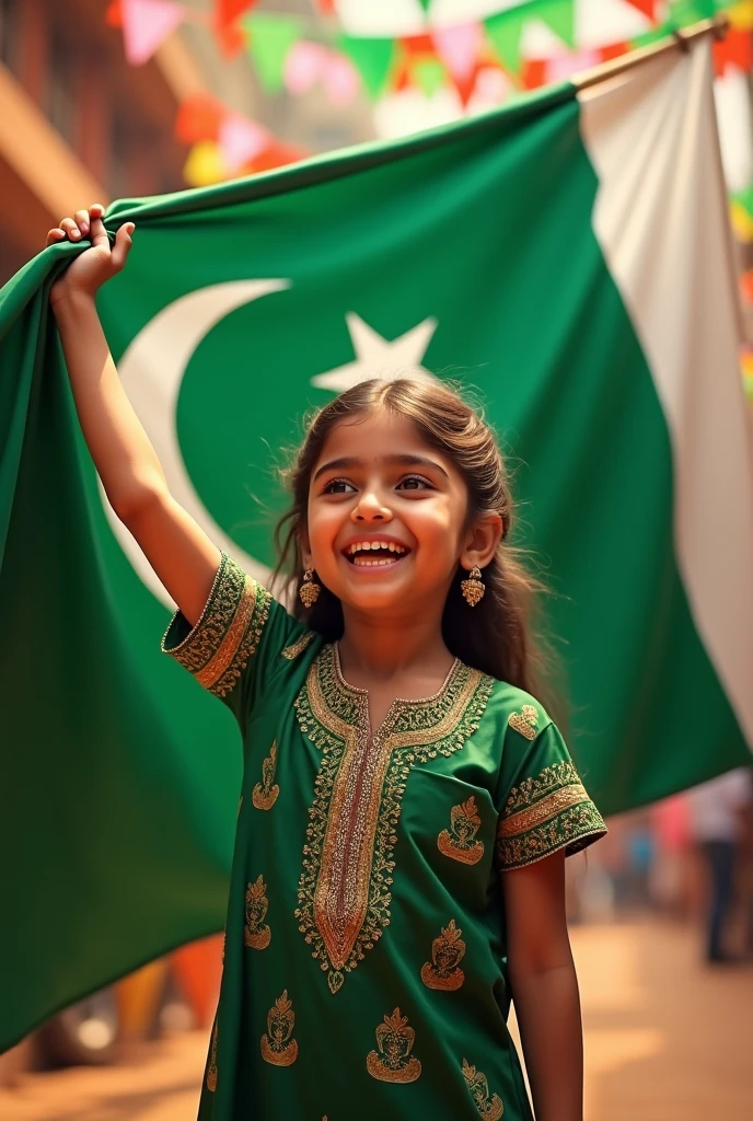  pakistan independence day dress wearing girl holding pakistan flag
